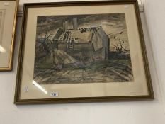 Evelyn Brearley (1906-1985): Ink and watercolour on paper, derelict cottages, signed bottom right,