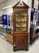 Edwardian mahogany corner display cabinet with fruitwood inlay and stringing in the Sheraton