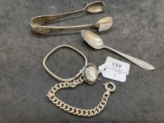 Hallmarked Silver: Bangle , curb link bracelet and a pair of ice tongs. Total weight 4oz. Plus a