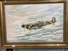 Frederick Dainton: Mid - late 20th cent. Oil on canvas, RAF Spitfire and pilot No. 269 Squadron