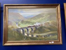 •David Weston (1935-2011): Oil on canvas, steam locomotive over viaduct, signed bottom right. 35ins.