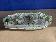 19th cent. Alcock c1830 desk inkstand, white ground with floral bocage painted roses and insects,