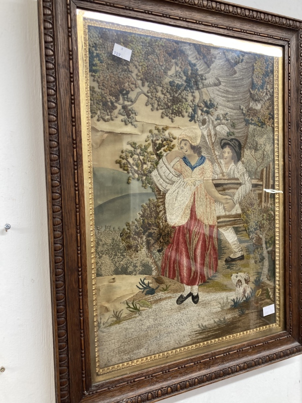 19th cent. Tapestry, silkwork woman and man with dog A/F. Approx. 18½ins. x 13ins. Together with a - Image 3 of 3