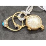 Jewellery: Hallmarked ladies watch head only, 9ct gold, inclusive weight 8.5g. Plus two rings one