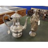 20th cent. Continental bronze statuette of a Crusader, unsigned. Plus electroplated coffee pot