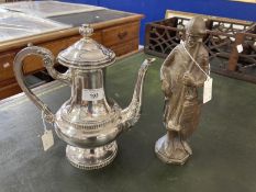 20th cent. Continental bronze statuette of a Crusader, unsigned. Plus electroplated coffee pot