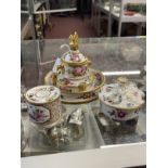 19th cent. Inkwells: White and gilt ground decorated with Billingsley style flowers, three quill