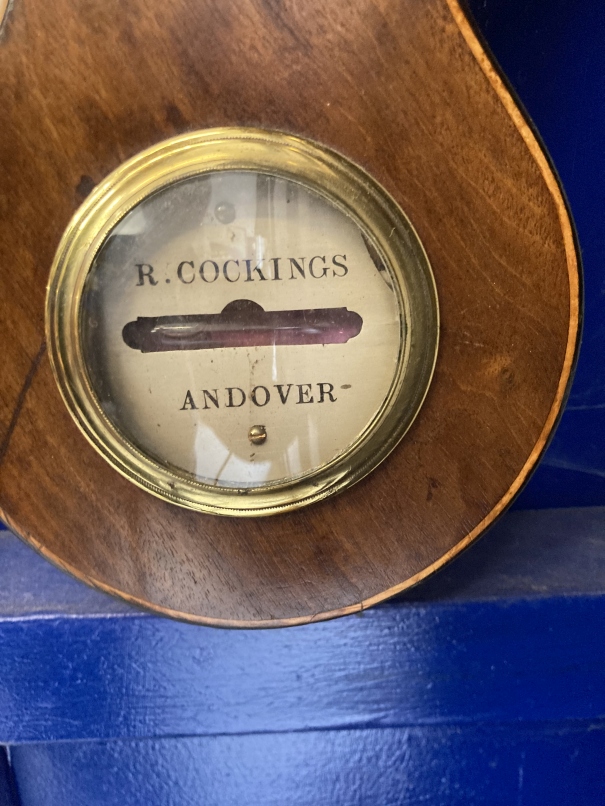 19th cent. Mahogany barometer with ebony stringing, R. Cockings, Andover. Approx. 38ins long. - Image 4 of 4