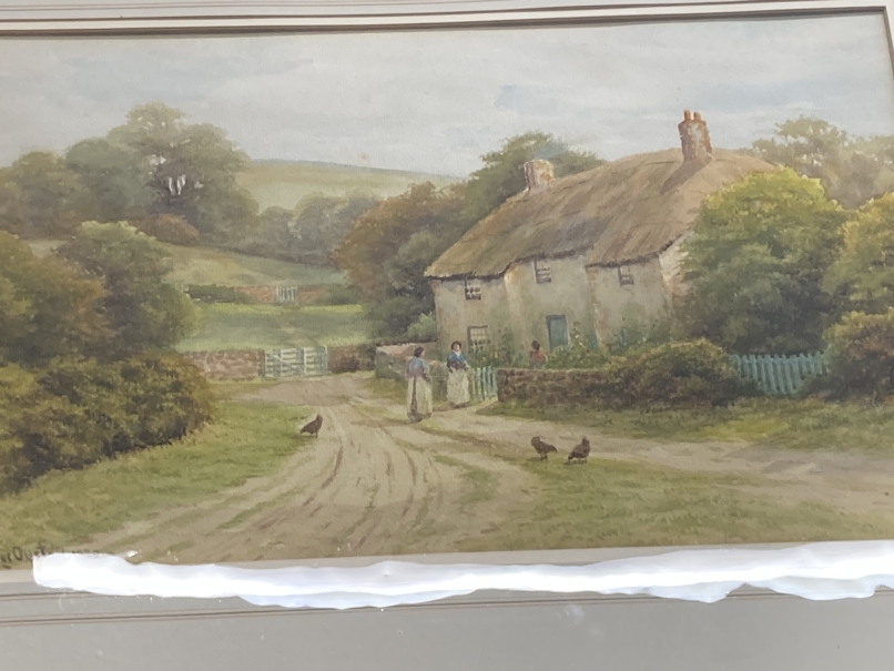 George Oyston (British) (1861-1937): 20th cent. Watercolour, landscape cottage with three figures - Image 2 of 4