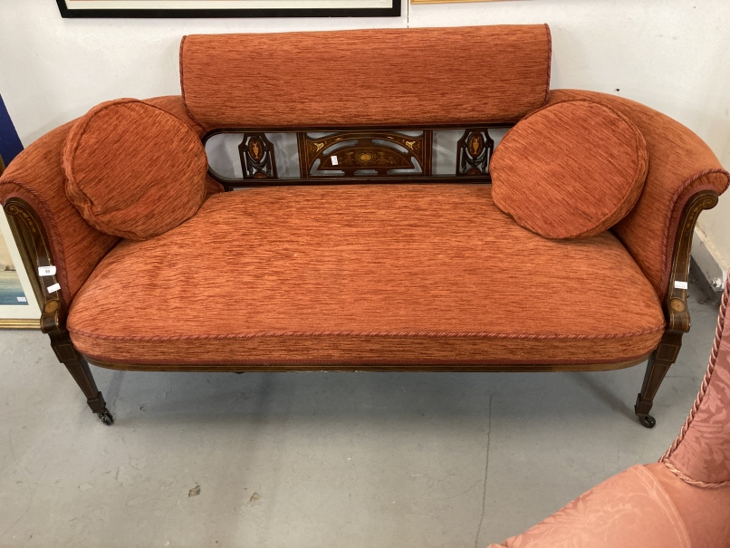 Edwardian salon style settee with brushed velvet and treen with marquetry inlay depicting swags,