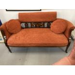 Edwardian salon style settee with brushed velvet and treen with marquetry inlay depicting swags,