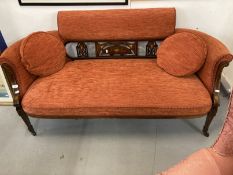 Edwardian salon style settee with brushed velvet and treen with marquetry inlay depicting swags,