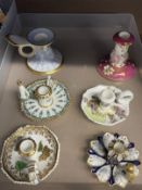 19th cent. Staffordshire candlesticks, various palettes, one with snuffer.