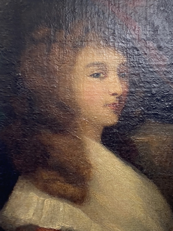 19th cent. English School: Oil on canvas head and shoulders portrait of a young woman wearing a - Image 2 of 2