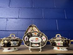 19th cent. Staffordshire, possibly Coalport, sauce tureens on stands, dark blue ground with floral