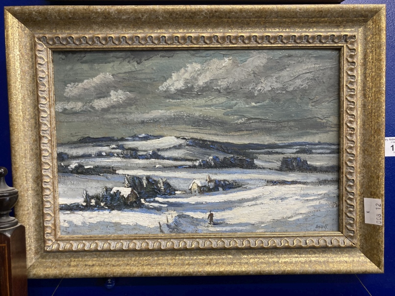 •George Bissill (1896-1973): 20th cent. Oil on board, winter landscape with figure in foreground,