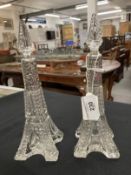 Victorian matching pair of cut glass and silver collar Eiffel Tower scent bottles, Birmingham 1900.