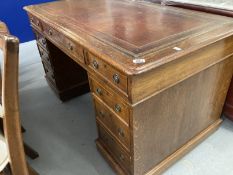 19th cent. Mahogany pedestal desk with nine drawers, red leather skiver. 54ins. x 29ins.