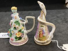 Candle Extinguisher: Meissen/Dresden bocage decorated plus another unmarked bird or snake spiral