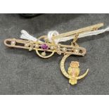 Jewellery: Yellow metal bar brooches one set with amethyst and pearls and one with an owl and