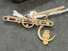 Jewellery: Yellow metal bar brooches one set with amethyst and pearls and one with an owl and