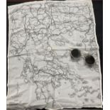 Militaria: WWII RAF tinted anti-glare sunglasses and a silk escape map of Greece, Albania and