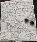 Militaria: WWII RAF tinted anti-glare sunglasses and a silk escape map of Greece, Albania and