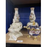 19th cent. Staffordshire double gourd vases decorated peacocks and flowers, a pair. 10½ins. Parian