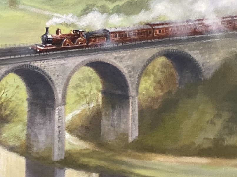 •David Weston (1935-2011): Oil on canvas, steam locomotive over viaduct, signed bottom right. 35ins. - Image 2 of 3