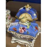 19th cent. Staffordshire double inkwell, sky blue ground, floral decoration with humming birds, gilt
