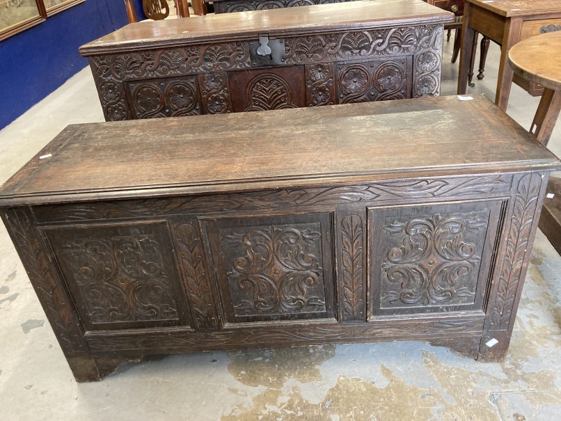 18th cent. Style coffer with carved decoration front. 47ins.