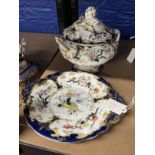 19th cent. Staffordshire porcelain sauce tureens with covers and stands, painted and coloured with
