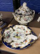 19th cent. Staffordshire porcelain sauce tureens with covers and stands, painted and coloured with