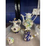 19th cent. Staffordshire jug pounce pots, floral encrusted 7½ins, blue floral encrusted 5ins, and