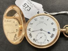 Hallmarked Gold: 9ct gold full Hunter pocket watch white dial, black Roman numerals and having a