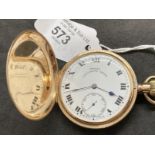 Hallmarked Gold: 9ct gold full Hunter pocket watch white dial, black Roman numerals and having a