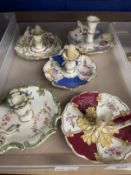 19th cent. Staffordshire chamber sticks in various palettes. Approx. 2½ins.