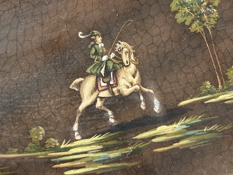 19th cent. Gilt brass tray with central glazed section depicting hunting scenes. 25ins. - Image 2 of 3