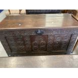 19th cent. Oak coffer, carved panels to the front, two plain panels to the sides and three plain