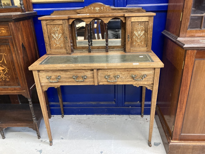 19th cent. Rosewood ladies writing desk inlaid in a Sorrento style, two side stationery cupboard,