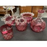 Late 19th/early 20th cent. Cranberry Glass: Basket with applied clear glass decoration, long neck