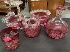 Late 19th/early 20th cent. Cranberry Glass: Basket with applied clear glass decoration, long neck