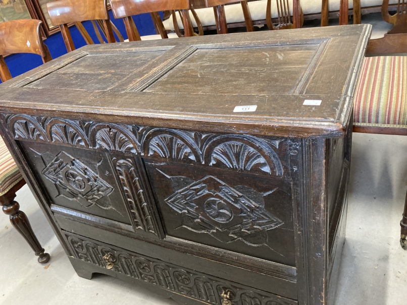 18th cent. Mule chest of modest proportions with later alterations. 20ins. x 39ins. x 30ins.