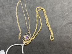 Hallmarked Jewellery: Two chains, one with a pearl and amethyst drop, both 18ins. Total weight 6.