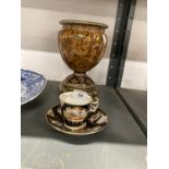 Brass and ceramic urn together with a cup and saucer, possibly Coalport.