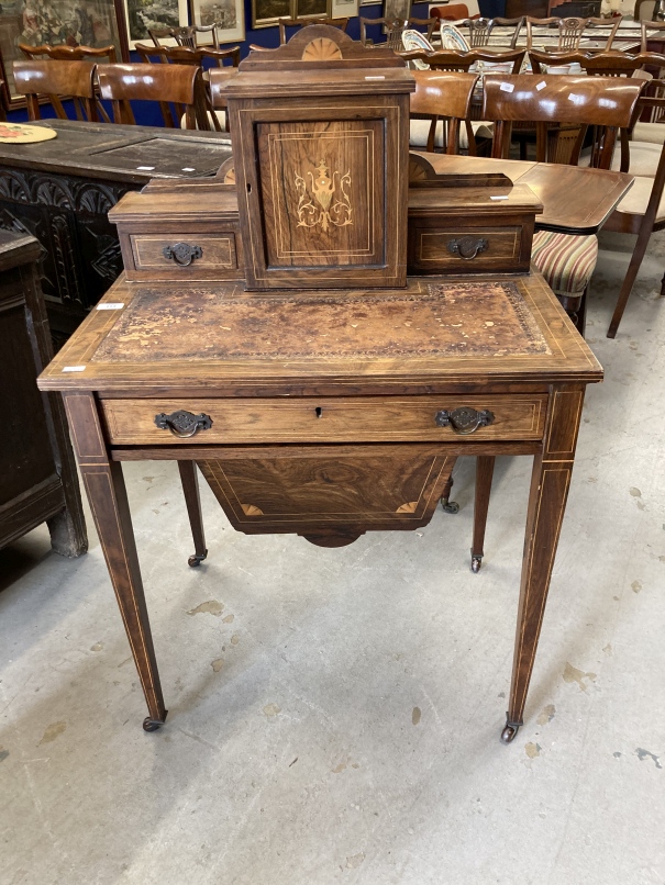 Late 19th cent. Rosewood bonheur du jour with marquetry string inlay decoration, the top section