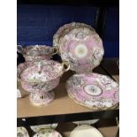 19th cent. Staffordshire porcelain service, possible Ridgeways, pink ground with exotic birds
