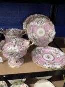 19th cent. Staffordshire porcelain service, possible Ridgeways, pink ground with exotic birds