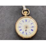 Watches: Yellow metal fob watch 32.5mm in diameter, ivory coloured dial, blue Roman numerals,