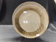 Studio Pottery: Akiko Hirai stoneware crackle charger with brushed band and translucent speckled